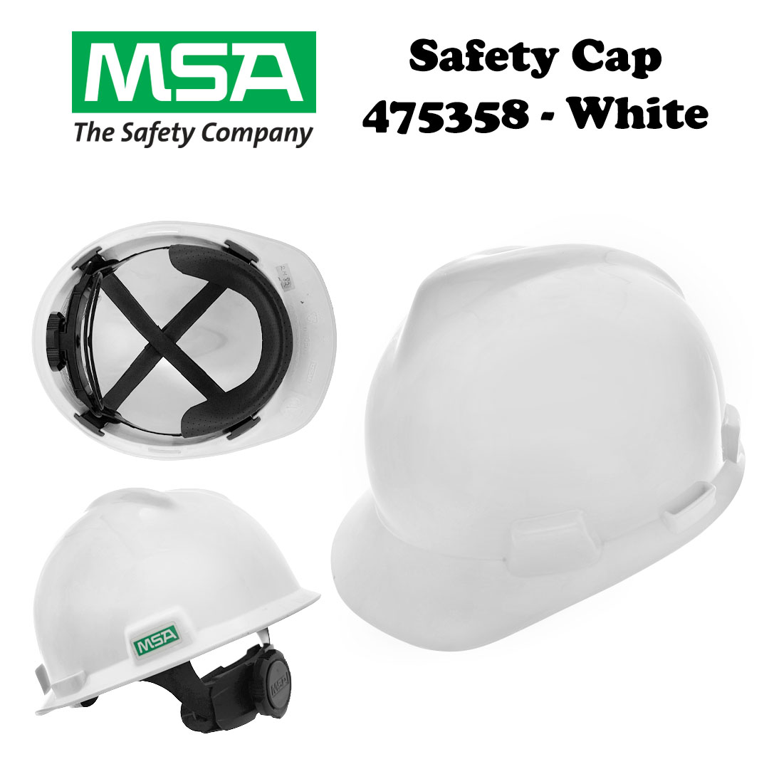 MSA White V-Gard® Polyethylene Cap Style Hard Hat With Ratchet/4 Point Ratchet Suspension 475358
