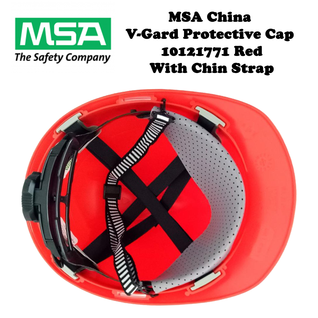 MSA China V-Gard Protective Cap 10121771 Red With Chin Strap (Manufacturing Year 2017) - Image 2